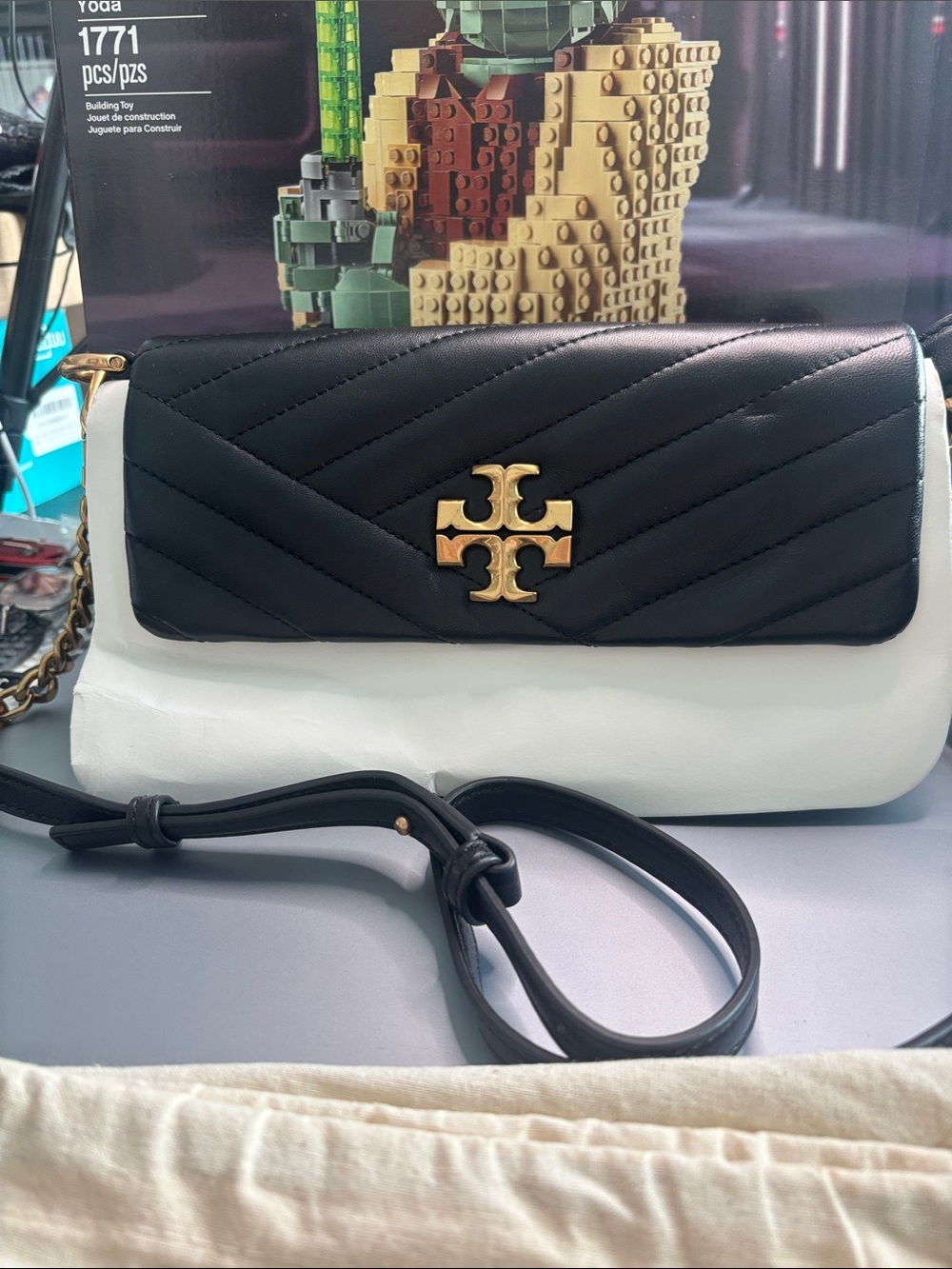 Tory Burch Black and White Quilted Leather Crossbody with Gold Logo